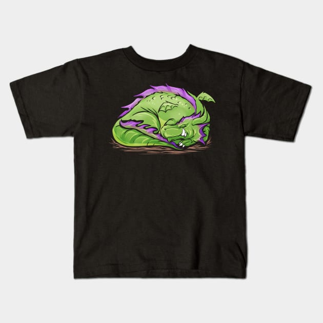 Sleeping Green Dragon Drawing Kids T-Shirt by SinBle